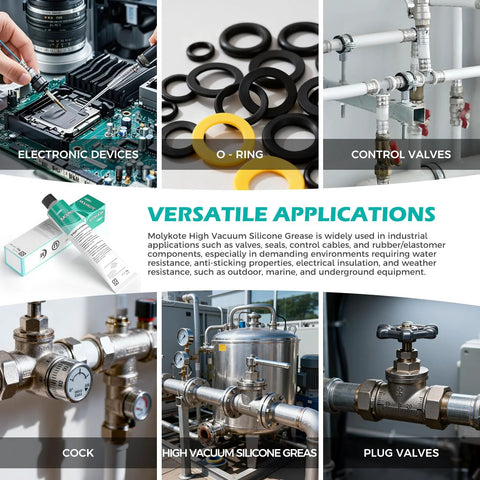Molykote High Vacuum Silicone Grease collage with O-rings, control valves, and vacuum equipment