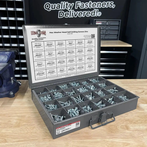 1466 Piece Self Drilling Tek Screw Set With Hex Washer Head Zinc Clear Finish In Sizes 6 To 14 for Heavy Duty Metal Fastening in a steel tray.