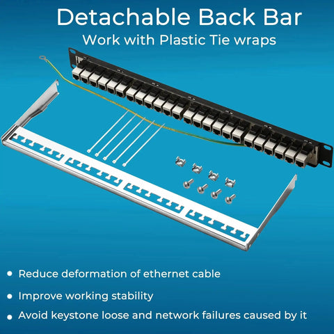 24 Port Cat6A Patch Panel With Inline Keystone 10G Support STP Shielded 19 Inch 1U Network Panel with detachable back bar for stability