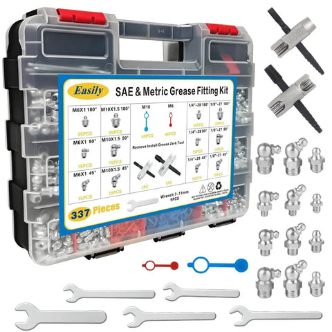 337 Piece SAE And Metric Grease Fittings Replacement Kit With One Quarter Inch And One Eighth Inch Zerk Fittings, M6 And M10