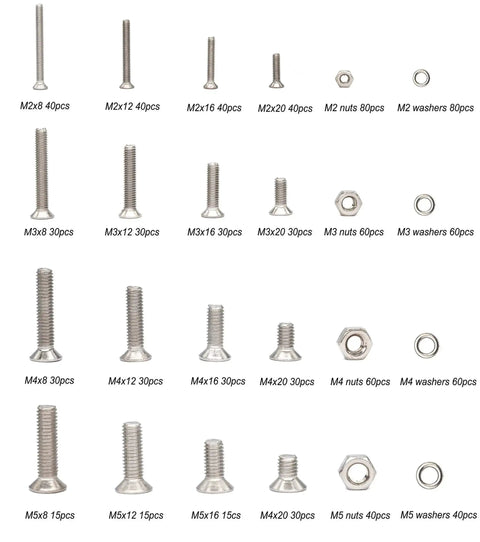 940Pcs M2 M3 M4 M5 Phillips Countersunk Flat Head Machine Screws With Hex Nuts And Flat Washers Assortment Kit