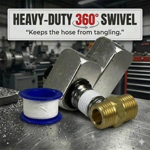 Air Compressor Swivel Connector Kit With 360 Degree Quick Connect Fittings, 1/4 NPT Male Adapter, and Teflon Tape in workshop