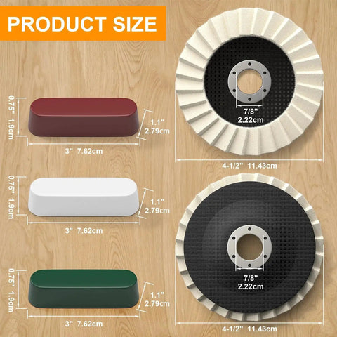 All-In-One Pro Grade Wool Polishing Wheel Kit With Five Buffing Wheels And Three Polishing Compounds For Multi-Surface Buffing On Metal Wood Automotive And Ceramic Includes Felt Flap Discs For Angle Grinder From BURMONG featuring product size dimensions and materials