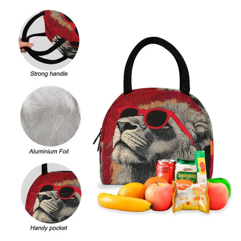 Lion Sunglass Backpack With Insulated Cooler Lunch Box, featuring a lion design with sunglasses and strong handle