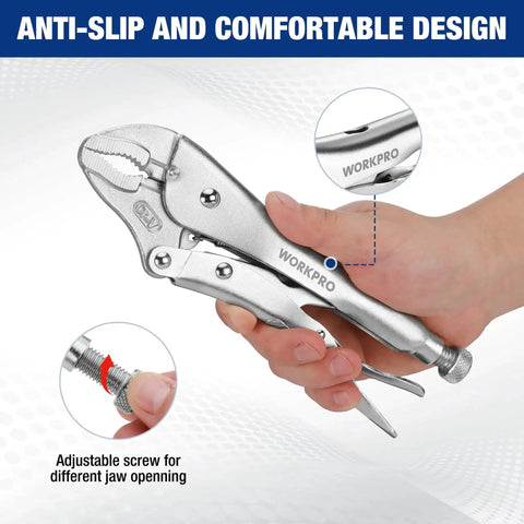 5 Piece Locking Pliers Set With Chrome-Vanadium Steel, Curved Jaw Vice Grips, close-up of grip and adjustable screw mechanism.