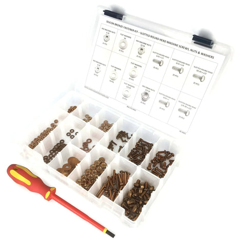 Silicon Bronze Electrical Screw Kit With Nuts And Washers And Insulated Screwdriver 377 Pieces In Compartments Box