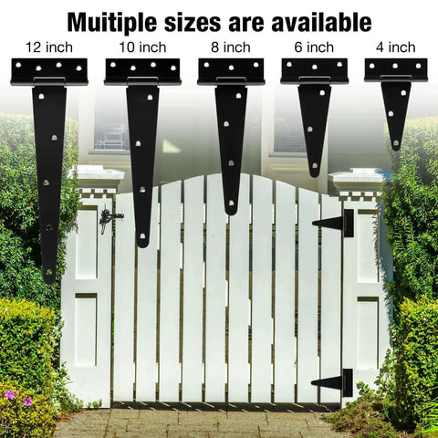Different sizes of T strap hinges installed on white wooden gate, illustrating options including Beefy Four Pack 4 Inch T Strap Hinges Heavy Duty Outdoor Hinges For Wood Gates Barn Fence Shed Doors Black Finish With 270 Degree Rotation And Universal 2mm Thick 6 Hole Construction.