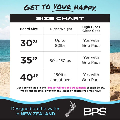 Size chart for Shaka 35 Inch Skim Board With Epoxy Coated Wood Deck And Traction Pad No Wax Needed Built In Nose Rocker