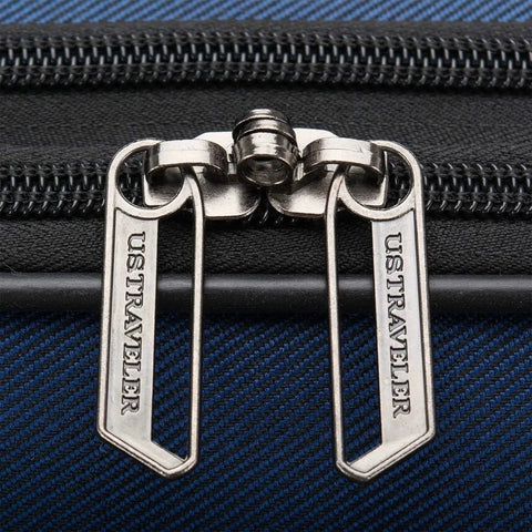 Close-up of zipper on Aviron Bay Expandable Softside Luggage With Spinner Wheels Navy Large 31 Inch for Weeklong Trips.