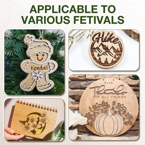 Ornaments and crafts made from 30 Pack Basswood Sheets One Eighth Inch Thick For Laser Cutting And Diy Crafts Unfinished Wood For Ornaments Engraving And Architectural Models In Sizes 12x12 12x16 And 12x18 Inches displayed with holiday theme.