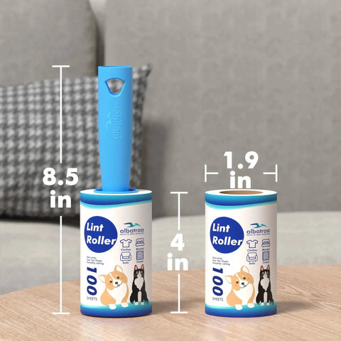 Extra Sticky Lint Roller Mega Value Set With 400 Sheets For Pet Hair Removal on table, showing dimensions and design.