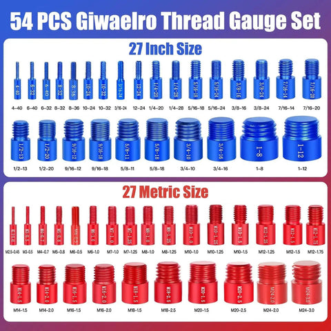 54 Piece Nut And Bolt Thread Gauge Set With Individual Foam Housed Case For Quick Inch And Metric Size Identification Ideal For Tight And Narrow Spaces Durable Build Handy For Fast D I Y And Pro Workshop Use, showing 27 inch and 27 metric sizes in blue and red.