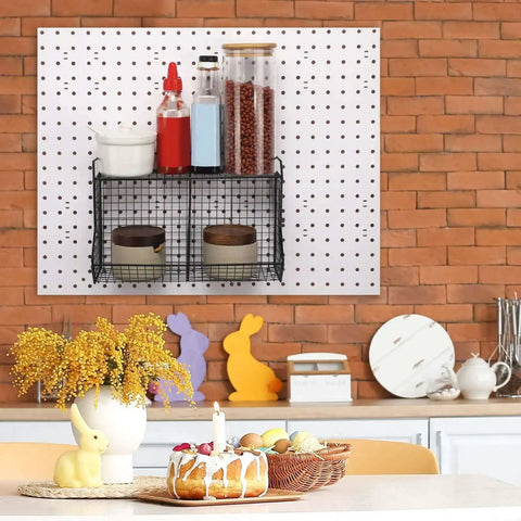2 Piece Tiered Pegboard Basket Set With 4 Hooks Black Pegboard Storage System for organized kitchen wall items.