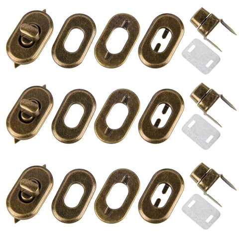 Twist Lock Clasp Sets For Bags And Leather Projects, 12 Antique Bronze Metal Turn Locks, Purse Closure Hardware for DIY use