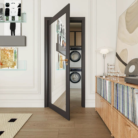 Mirror Slab Door 24x80 One Side French Interior Pocket Barn Door Solid Wood Paintable Black Pre Finished Panel in laundry room