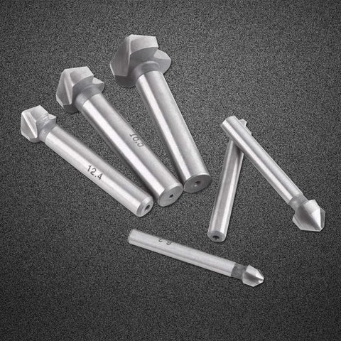 Six Piece HSS Countersink Bit Set With Round Shank 3 Flute Cutters For Chamfering Deburring And Precise Countersinking Across Wood Metal And Plastic
