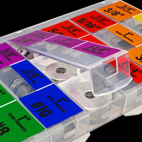 Clear plastic organizer with 304 stainless steel fender washers in SAE sizes 1/4, 5/16, 3/8, 1/2 and 220 pcs