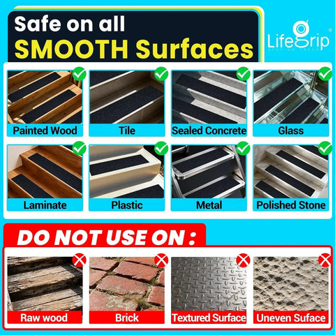 Image showing suitable and unsuitable surfaces for Anti Slip Traction Tape 4 Inch By 38 Foot For Indoor Outdoor Stairs Grip.