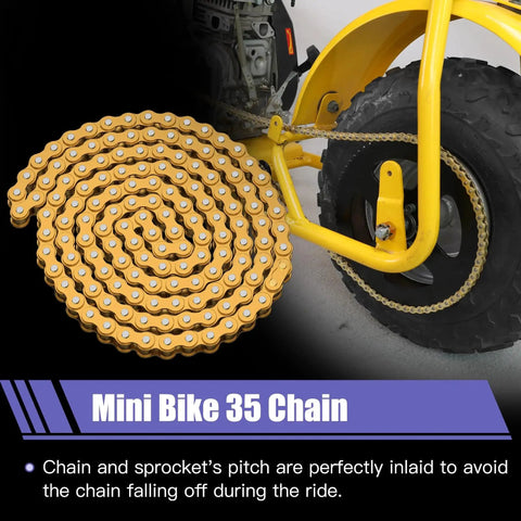 Coiled mini bike 35 chain next to yellow bike frame, showing chain compatibility with various minibike models.