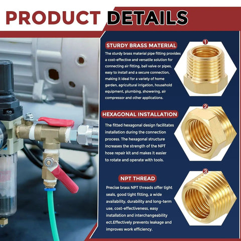 Solid Brass NPT Reducer Hose Fittings Adapter 3/8 Male to 1/4 Female Pipe Thread Connector product details