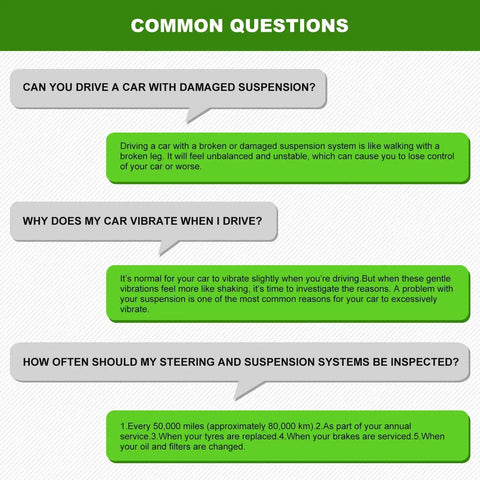 Infographic about car suspension with gray and green chat bubbles on a striped background