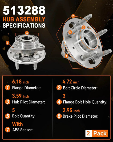 2Pcs 513288 Front Or Rear Wheel Bearing Hub Assembly with specifications displayed, fit for Chevy Impala Malibu Buick GMC Cadillac 5-lug