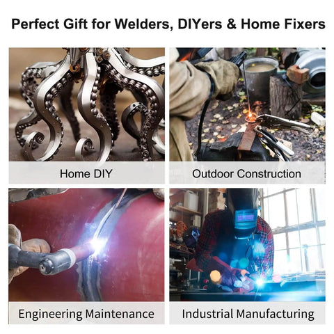 Collage of welding projects: intricate metal sculpture, outdoor welding on metal surface, pipe welding, industrial welding in workshop