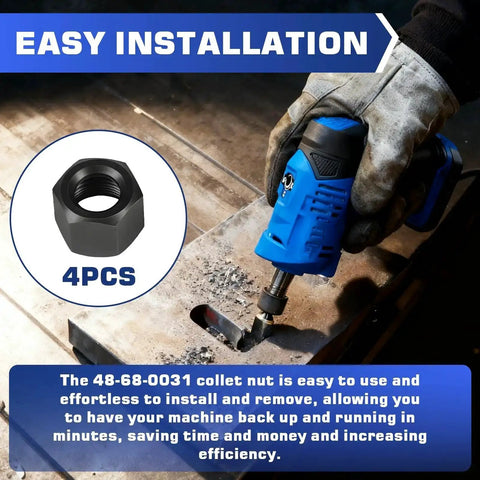Replacement Collet Nut For Die Grinders One Quarter Inch Fits Milwaukee 2485 20 2486 20 2784 20 5192 5194 5196 And 2723 20 Compact Router Four Pack Beefed Up Durability shown with blue grinder and text 'Easy Installation' on metal surface.