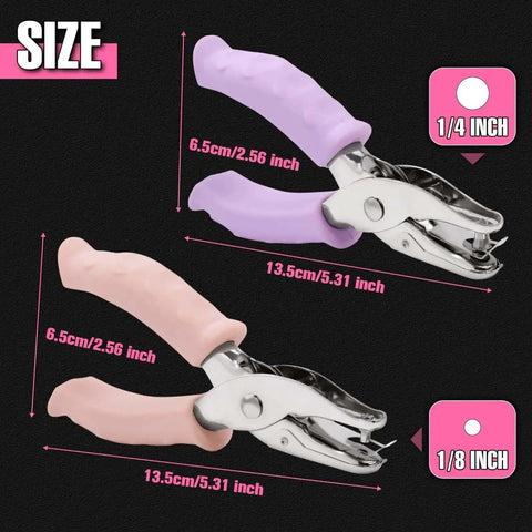 Small Handheld Hole Punch Kit With 1/8 And 1/4 Inch Holes, 2 Pcs Hole Punch, pink and purple handles, metal construction, size dimensions shown