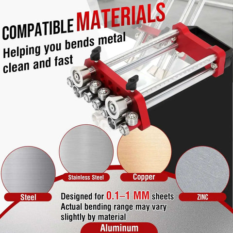 Compatible materials for Sheet Metal Edge Roller Bender for 0-100 Degree Bends, showing steel, stainless steel, copper, zinc, and aluminum.