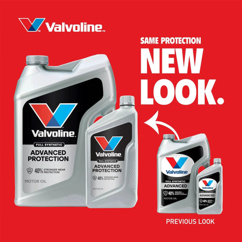 Advanced Synthetic 0W-20 Motor Oil 5 Quart With Superior Wear and Deposit Defense bottles with updated packaging design