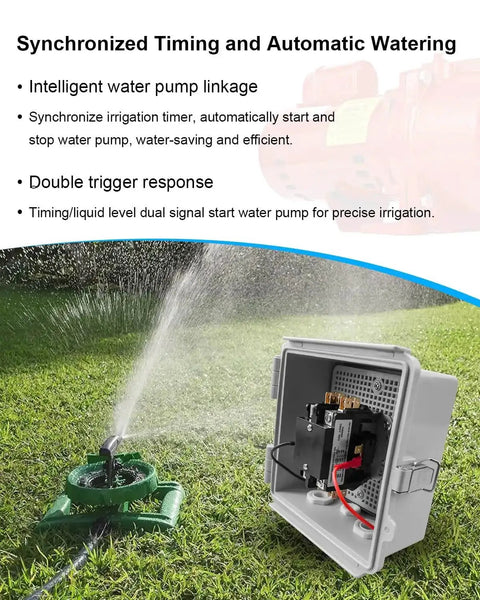40 Amp 24V Irrigation Pump Start Relay For Sprinkler Controller System With Waterproof Box open outdoors next to sprinkler