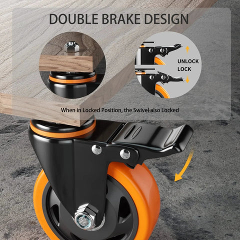 4 Inch Heavy Duty Caster Wheels Set Of 4 With Threaded Stem Half Inch Screw Diameter featuring dual locking brake system
