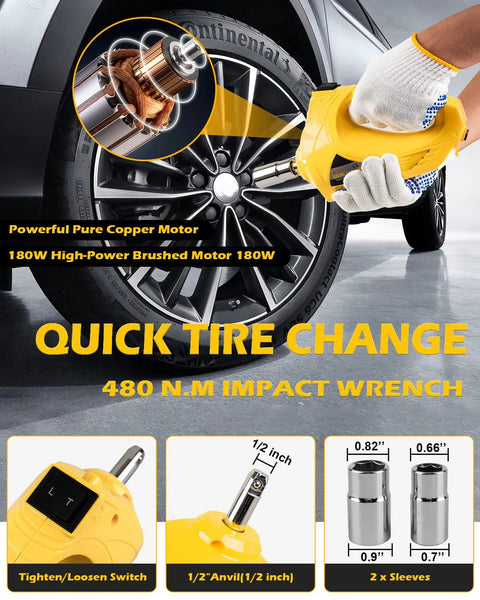 Yellow electric car jack, 5 ton, 12V with digital display; includes impact wrench, inflator, and LED light (Amazon).