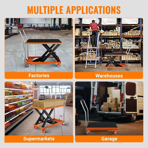 Front view of manual single scissor lift table cart with orange frame, black non-slip platform, four wheels