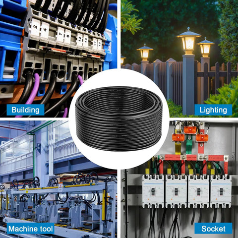 6 Gauge THHN Copper Wire 50 Ft Stranded Cable With Nylon Jacket Rated Up To 600V For Residential CNC Ground And Industrial Use Black Durable Insulation For Harsh Environments with various applications.