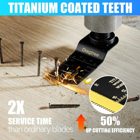 Titanium Oscillating Multitool Blades Diagtree 20 Piece Set for Metal Wood and Plastic cutting a wooden surface