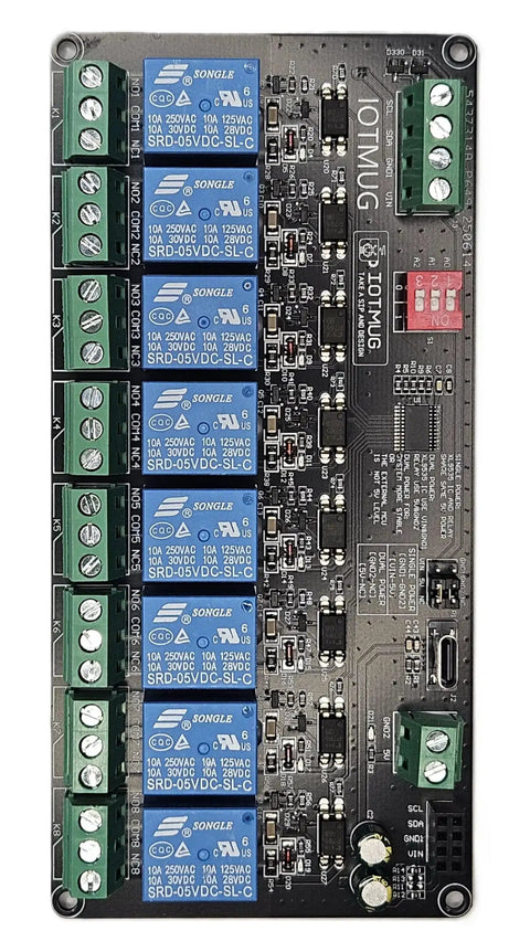 8 Channel I2C Relay Board With USB C Dual Power 3V3 And 5V SPDT 10A EMR DIN Rail Ready, top view showing relays and connectors