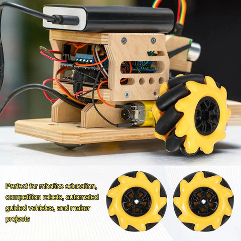 Four Pack Mecanum Wheels Set For Dope Robotics Projects 80mm 3.15 Inch ABS Rubber Omnidirectional Wheels in use on DIY vehicle