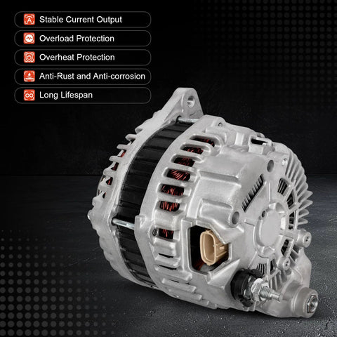 Close-up of 11340 High Output 150 Amp 12V Alternator Replacement for 2007 to 2009 350Z showing side view details