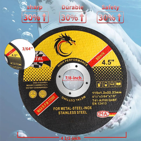 4 1/2 Inch Cut Off Wheel Pack For Angle Grinder Ideal For Metal And Stainless Steel Cutting, 0.045 Inch Thin High Speed Discs Up To 13300 RPM, Dual White Alumina Blend For Clean, Fast Slices, 10 Pack product front view.