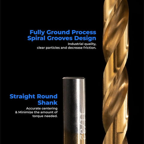 Close-up of Titanium Coated Drill Bit Set 60 Piece With Portable Case, showing spiral grooves and straight round shank design.