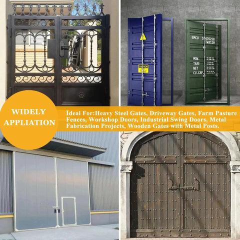 Collage showing heavy-duty metal gates, ideal for dump trailers and truck gates, highlighting their versatile application.