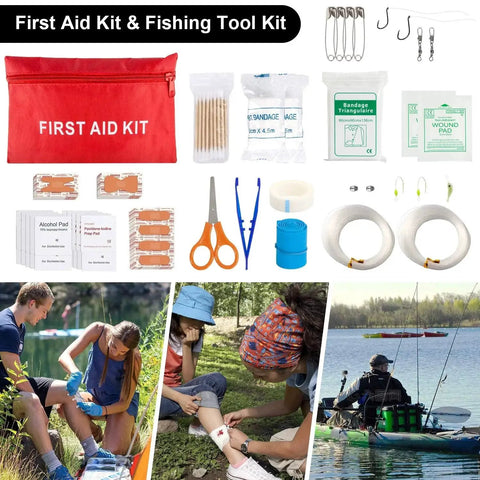 Survival Kit Backpack Prepper Ready With 151 Piece Emergency Gear And First Aid Supplies, featuring first aid kit and fishing tools.