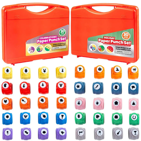 Mini Scrapbook Paper Hole Puncher Set with Forty Holiday Designs in red cases for card making and party decor.