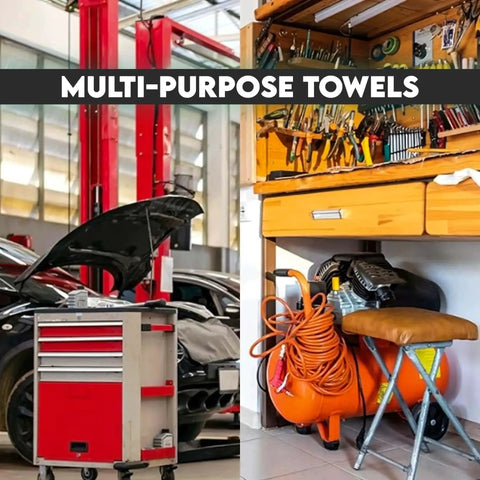 Garage scene with tools and red drawers showcasing Red Cotton Shop Towels Pack Of 150 14 By 12 Inches Reusable Cleaning Rags