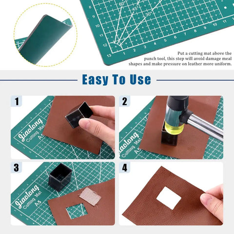 Step-by-step use of 55 Piece Hollow Punch Cutter Kit With 52 Shape Options, rubber hammer and A5 cutting mat for leather craft.