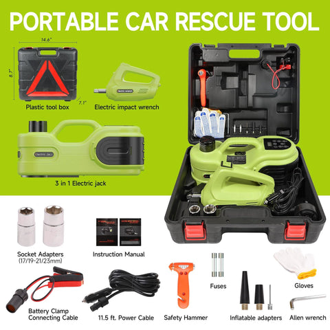 Simtamy 5T 12V electric car jack kit with LCD screen, air pump and impact wrench in a portable case