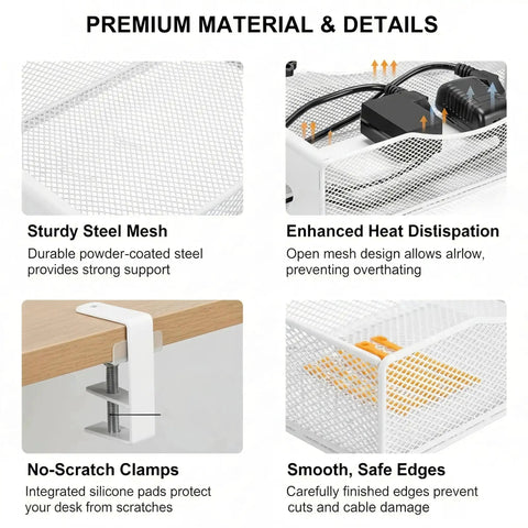 Extra Wide Under Desk Cable Management Tray With No Drill Install For Office And Home Desks White XL Cord Organizer details view