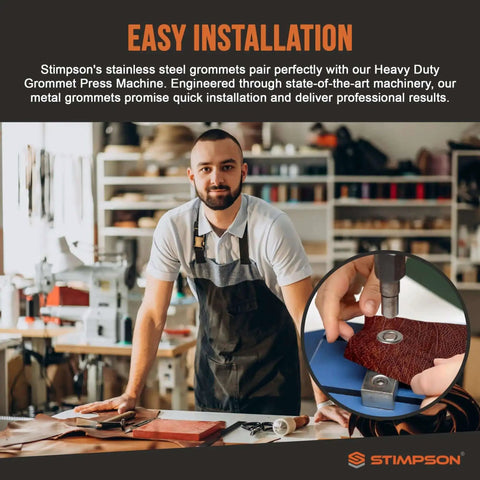 Craftsman using Self-Piercing Grommet And Washer Set In 304 Stainless Steel Built To Last For Tarps, Fabric, Leather, And Banners.